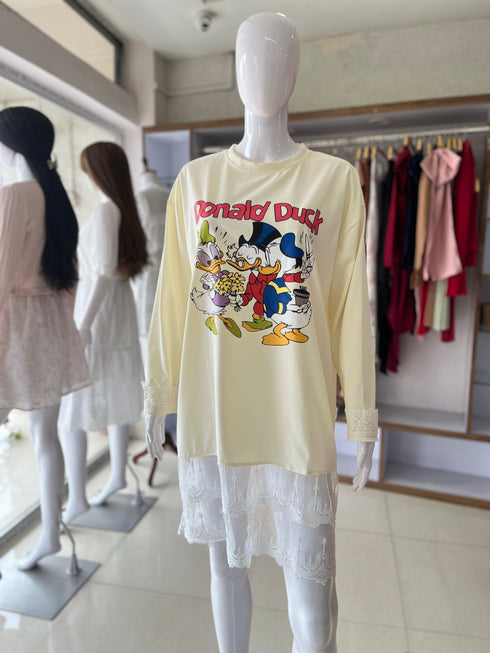 Summer Casual Printed Full Sleeves Lace Detail T-Shirts Dress